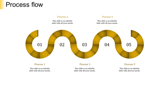 Process flow PowerPoint template with five steps in a circular design with placeholder text.