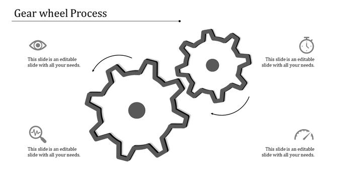 Gear Wheel Process PowerPoint slide with two interlocking gears and four sections with icons.