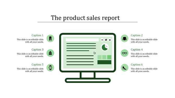 Flat style product sales template with a green monitor displaying analytics, with six fashion item icons arranged around it.