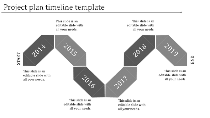 Gray project timeline template, featuring years from 2014 to 2019, with text sections.