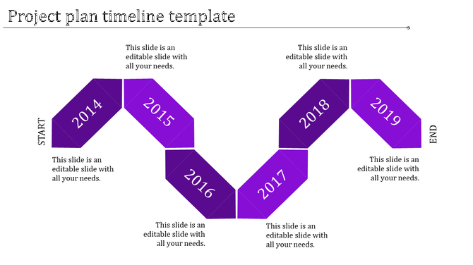 Project timeline template with a purple design, showing each year's step from 2014 to 2019 with placeholder text.