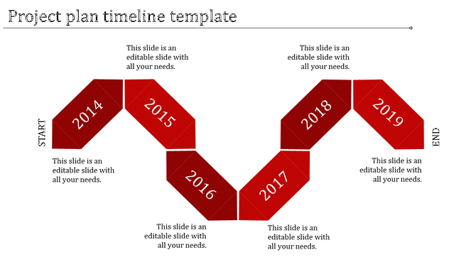 Red themed project plan timeline PowerPoint template featuring years 2014 to 2019 with captions.