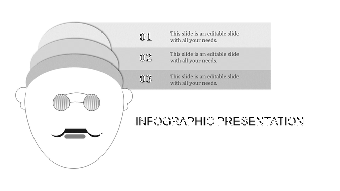 Business infographic integrating a face outline and three stacked rectangular segments for content.