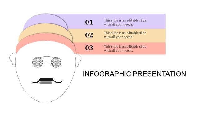 Infographic slide with a character and colorful section labels 01, 02, and 03, showing content.