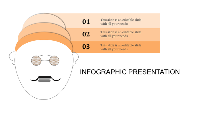 Infographic presentation slide with a character and three numbered caption boxes.