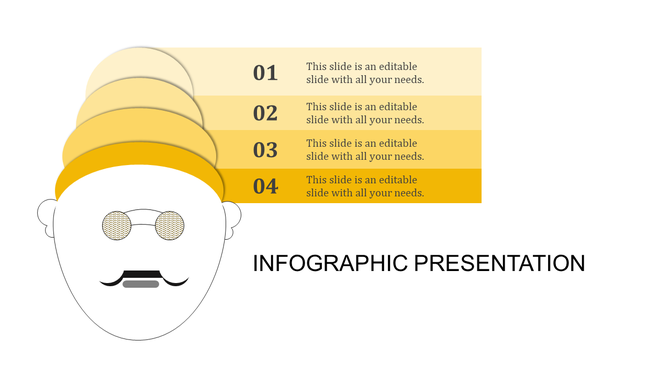 Infographic PowerPoint slide with a character and four numbered sections in yellow shades.