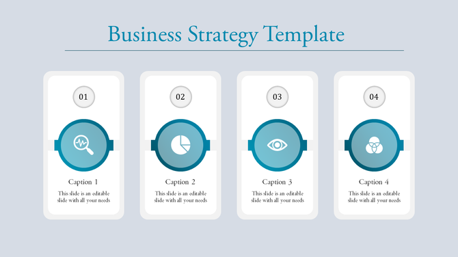 Business strategy template with four white cards featuring blue icons and captions, numbered 01 to 04.