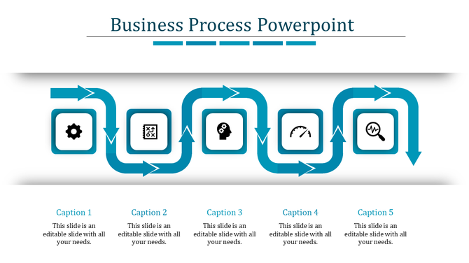 Business process infographic with a curved blue arrow path connecting five square icons, each representing a step.