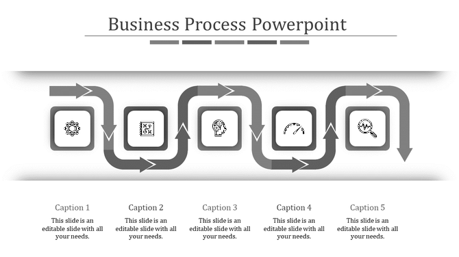 Business process slide with a series of gray arrows connecting five icons, each representing a different step with sections.