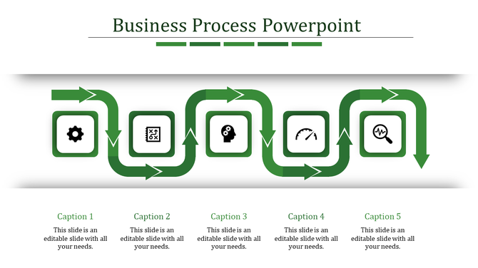 Business process PPT slide with a series of arrows connecting five icons, each representing a different step with sections.