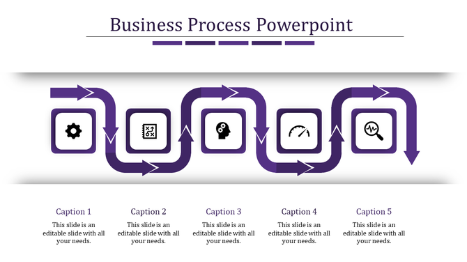 A business process flowchart with dark purple arrows connecting five square icons on a white background.