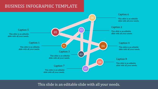 Business infographic template with a web of eight numbered circles and colorful placeholders text areas.