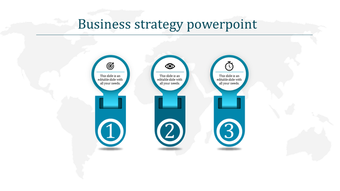 Business strategy PPT slide featuring three blue colored sections with icons for goals, analysis, and time management.
