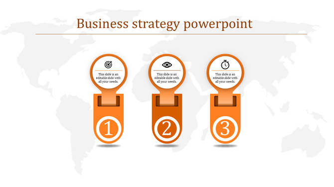 Business strategy PPT slide featuring three orange colored sections with icons for goals, analysis, and time management.