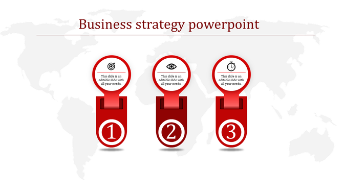 Red-themed three-step business strategy infographic featuring icons for goal, vision, and time on a subtle global map.