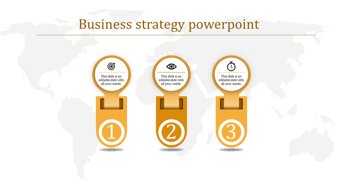 Minimalist three-step strategy template in gold, each step labeled with an icon and number on a world map.