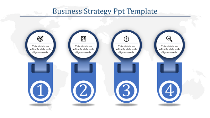 Blue tabs with circular icons and numbers from 1 to 4, laid out horizontally on a white background with faded world map.