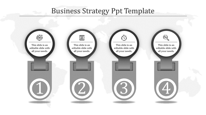 Gray themed infographic with four vertical steps, circular icons on top, and numbered sections over a world map.