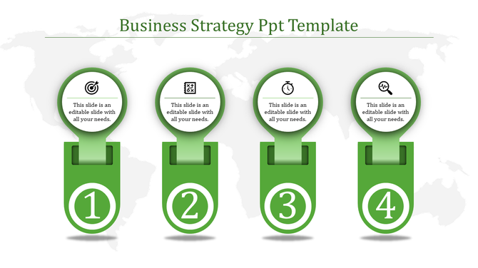 Visual layout with four vertical green blocks, circular tops with icons, and numbered bases on a grayscale map.