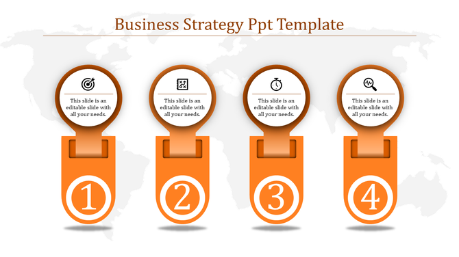 Business strategy PowerPoint template has four orange sections, each featuring icons and captions.