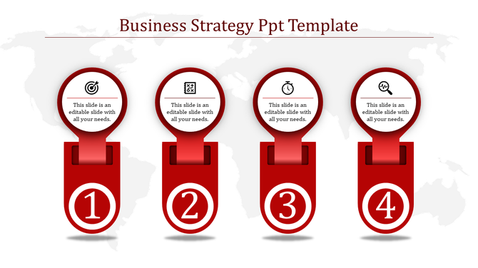 Business strategy PPT layout with four numbered segments, including icons for target, analysis, time, and research.