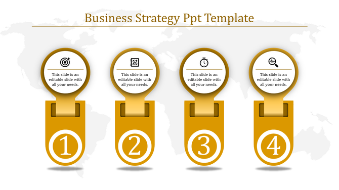 Business strategy PowerPoint slide with four sections, each featuring icons for goals, analysis, time, and monitoring.