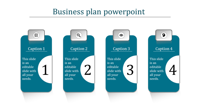 Business plan PowerPoint template with four blue colored sections, each with a numbered icon and captions.