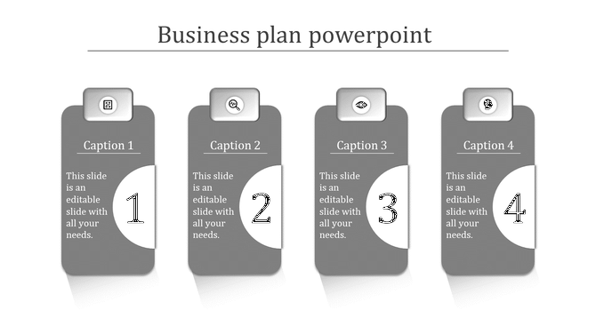Business plan PowerPoint template with four gray colored sections, each with a numbered icon and captions.