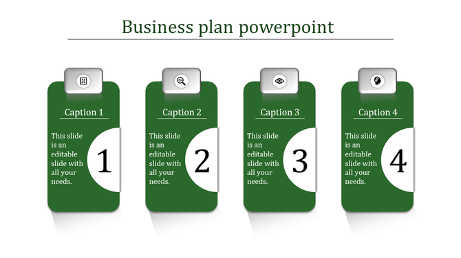 Green themed business plan infographic with four labeled and numbered sections in a horizontal arrangement.