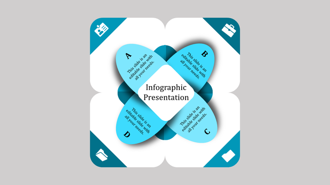 Blue petal shaped infographic design with four sections labeled A to D and icons in each corner on a gray background.
