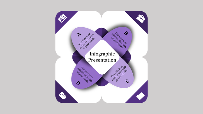 Symmetrical purple design featuring four leaf-like segments (A-D) and icons in corners for a structured infographic.