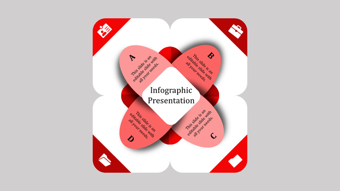Infographic PowerPoint template with four red sections, each marked with a letter and icons with placeholder text.