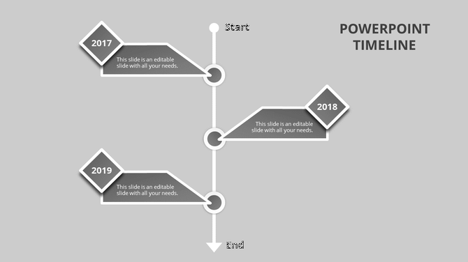 Clean grayscale timeline slide with diamond-shaped milestones for 2017, 2018, and 2019, connected by a white vertical path.