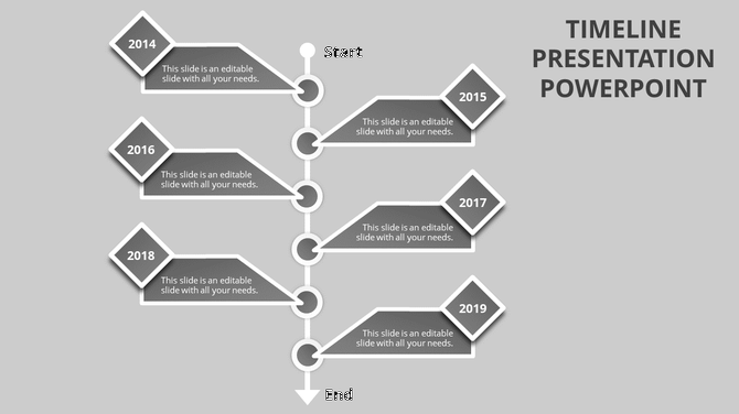 Timeline PowerPoint slide with gray diamond markers for years 2014 to 2019 and caption fields.