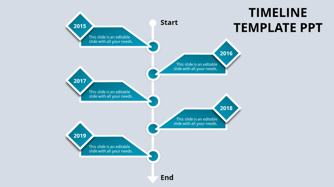 Vertical timeline template with teal diamond shaped markers for years 2015 to 2019 connected by a central white line.