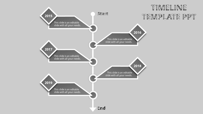 Five gray diamond shaped timeline with key years on either side of a vertical line and text descriptions.
