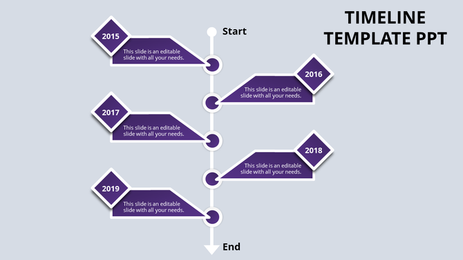Business timeline template featuring a timeline with diamond labels for years 2015 to 2019, linked to purple text boxes.