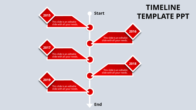 Business timeline infographic with red diamonds marking key years, linked by a vertical path with circular connectors.