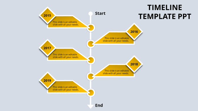 PowerPoint timeline template with yellow diamond markers for years 2015 to 2019 and caption fields.
