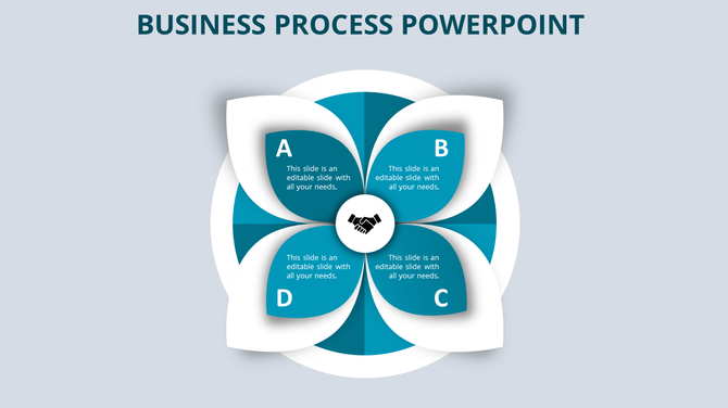 Business process slide with four blue gradient petals, featuring labeled sections A to D, surrounding a handshake icon.