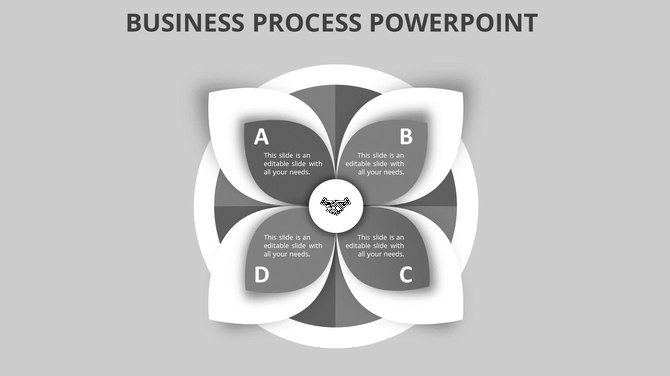 Gray business process slide with four petal like segments labeled A to D surrounding a central handshake icon.