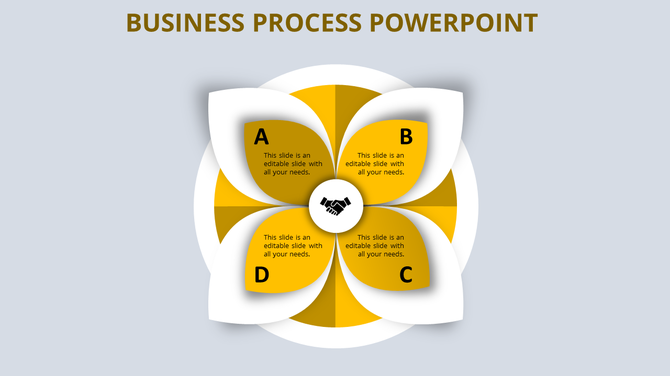 Business process PowerPoint template with four yellow segments A, B, C, and D, and a handshake graphic in the center.