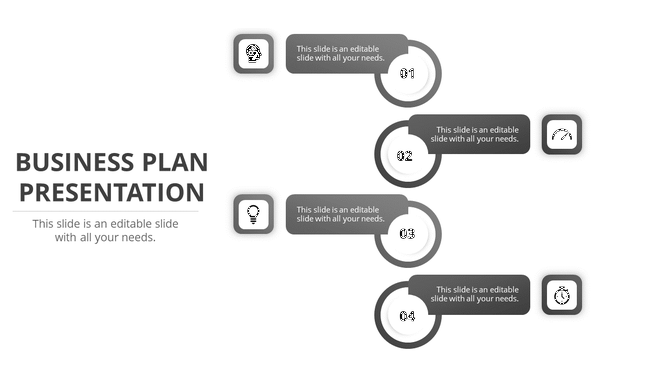 Business plan PPT slide with numbered steps 01 to 04 and icons for ideas, strategy, progress, and timing on a gray theme.