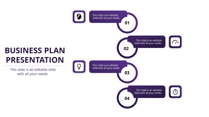 Infographic showing a four step business plan in purple, with numbered circles, icons, and descriptive text.