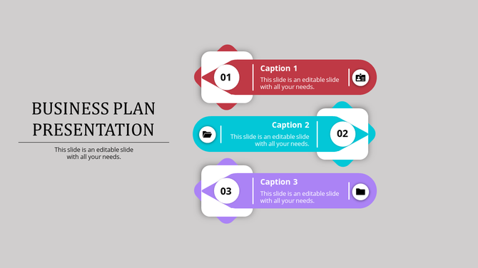Three-step business plan infographic with banners in red, blue, and purple, each featuring a number, caption, and icon.