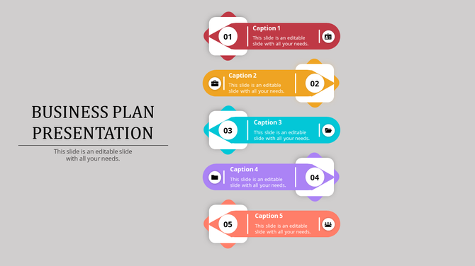 Business plan PPT slide with five steps, each numbered 01 to 05, featuring colorful icons and captions for each step.