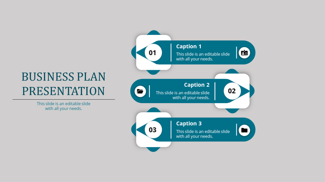 Blue themed business plan infographic with three horizontal steps, numbered circles, captions, and business-related icons.