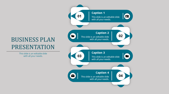Business plan presentation slide with four blue steps, each featuring an icon and caption.