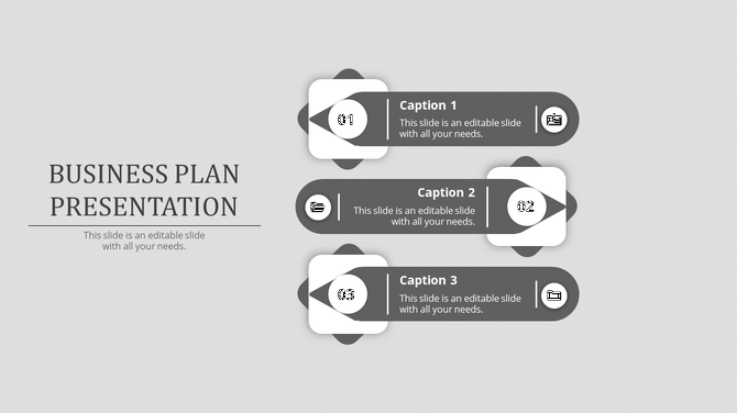 Monochrome business plan infographic with three steps, numbered circles, captions, and business-related icons in grayscale.