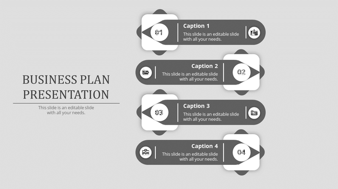 Horizontal business plan layout with four gray highlights, numbered steps, and white boxes arranged vertically.